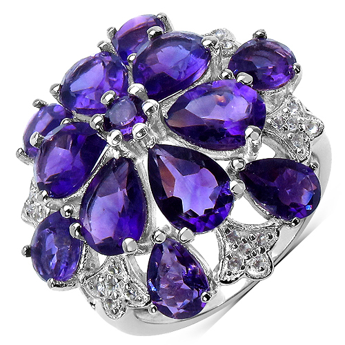 Amethyst-6.55 Carat Genuine Amethyst and White Topaz .925 Sterling Silver Ring