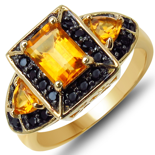 Citrine-14K Yellow Gold Plated 2.22 Carat Genuine Citrine & Black Spinel .925 Sterling Silver Ring