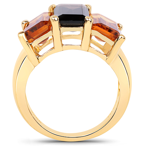 14K Yellow Gold Plated 8.14 Carat Genuine Smoky Quartz, Citrine and Champagne Quartz .925 Sterling Silver Ring