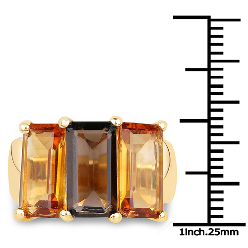14K Yellow Gold Plated 8.14 Carat Genuine Smoky Quartz, Citrine and Champagne Quartz .925 Sterling Silver Ring