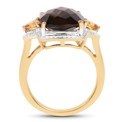 14K Yellow Gold Plated 5.95 Carat Genuine Smoky Quartz and Citrine .925 Sterling Silver Ring