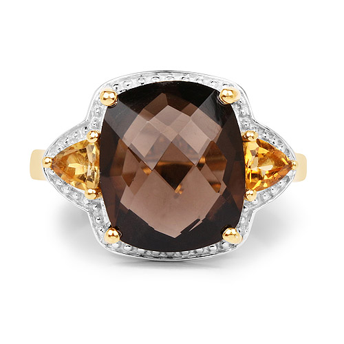 14K Yellow Gold Plated 5.95 Carat Genuine Smoky Quartz and Citrine .925 Sterling Silver Ring
