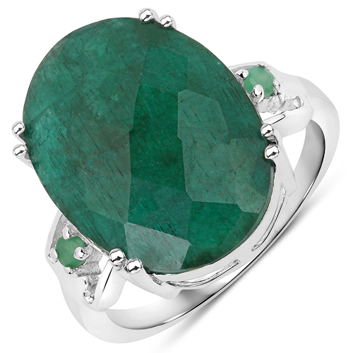 Emerald-14K White Gold Plated 10.21 Carat Dyed Emerald & Emerald .925 Sterling Silver Ring