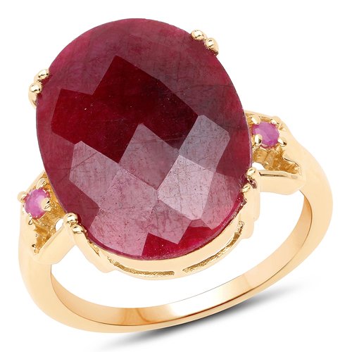 Ruby-14K Yellow Gold Plated 15.35 Carat Dyed Ruby And Ruby .925 Sterling Silver Ring