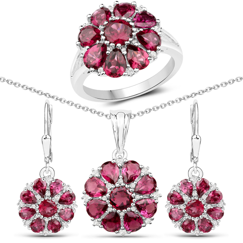 Rhodolite-11.05 Carat Genuine Rhodolite and White Topaz .925 Sterling Silver 3 Piece Jewelry Set (Ring, Earrings, and Pendant w/ Chain)