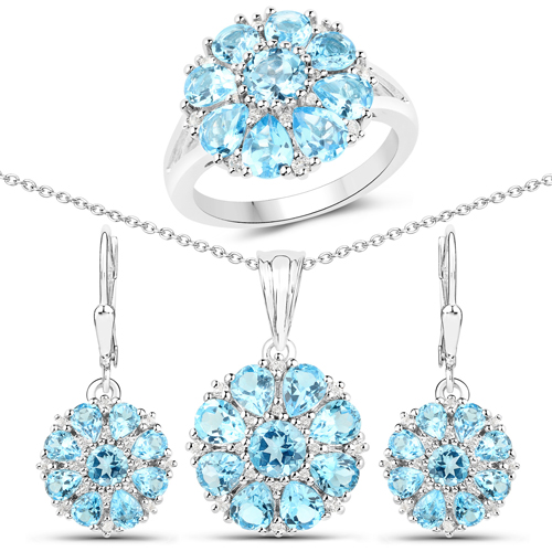 Jewelry Sets-11.54 Carat Genuine Swiss Blue Topaz and White Topaz .925 Sterling Silver 3 Piece Jewelry Set (Ring, Earrings, and Pendant w/ Chain)