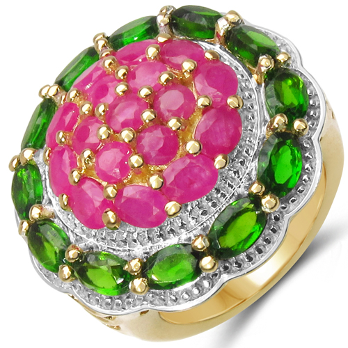 Rings-14K Yellow Gold Plated 5.78 Carat Genuine Chrome Diopside & Ruby .925 Sterling Silver Ring