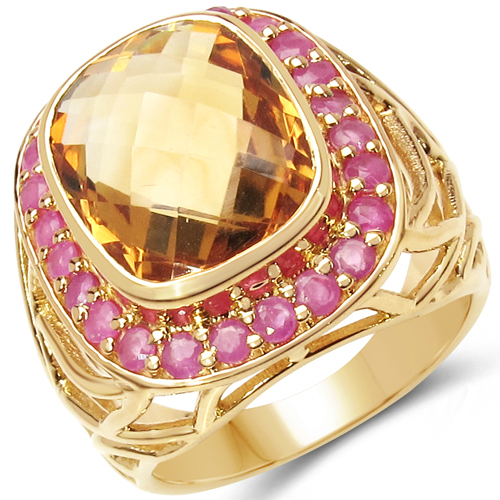 Citrine-18K Yellow Gold Plated 6.35 Carat Genuine Citrine & Ruby .925 Sterling Silver Ring