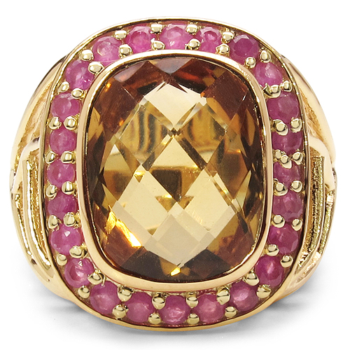18K Yellow Gold Plated 6.35 Carat Genuine Citrine & Ruby .925 Sterling Silver Ring