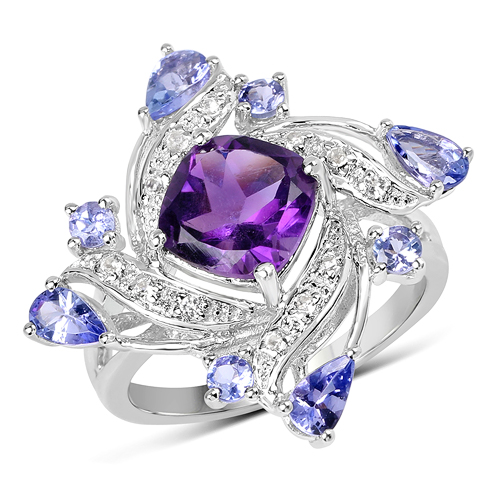 Amethyst-3.04 Carat Genuine Amethyst, Tanzanite & White Topaz .925 Sterling Silver Ring