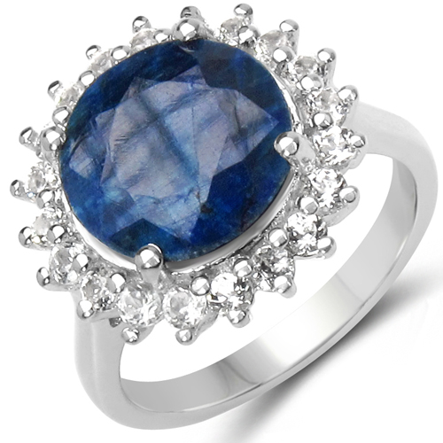Sapphire-6.20 Carat Genuine Sapphire & White Topaz .925 Sterling Silver Ring