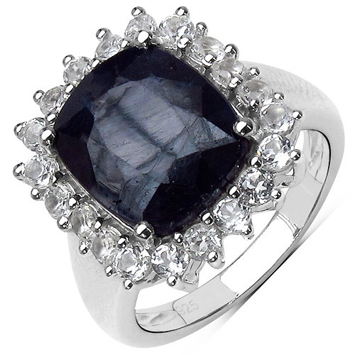 Sapphire-6.90 Carat Dyed Sapphire and White Topaz .925 Sterling Silver Ring