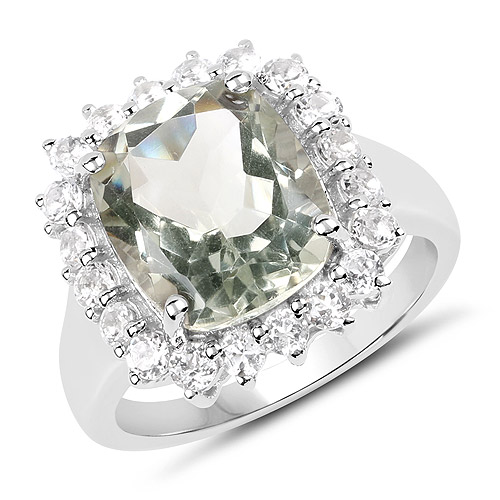 Amethyst-5.80 Carat Genuine Green Amethyst and White Topaz .925 Sterling Silver Ring