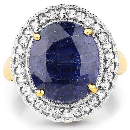 14K Yellow Gold Plated 8.59 Carat Dyed Sapphire and White Topaz .925 Sterling Silver Ring