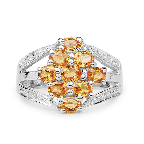 2.03 Carat Genuine Orange Sapphire and White Diamond .925 Sterling Silver Ring