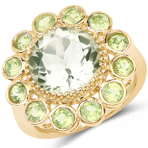 Amethyst-14K Yellow Gold Plated 5.90 Carat Genuine Green Amethyst and Peridot .925 Sterling Silver Ring