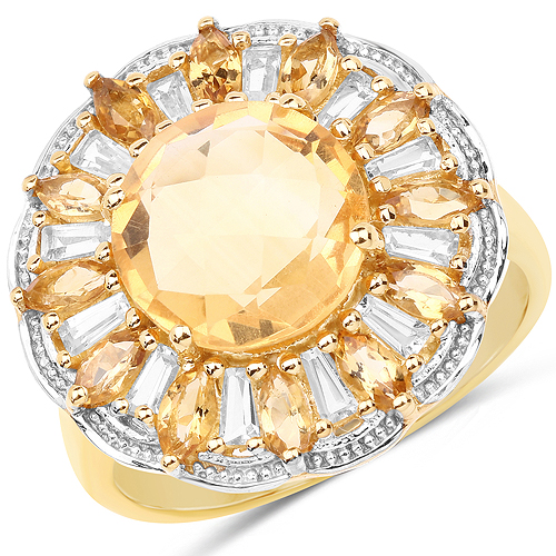 Citrine-14K Yellow Gold Plated 4.89 Carat Genuine Citrine and White Topaz .925 Sterling Silver Ring