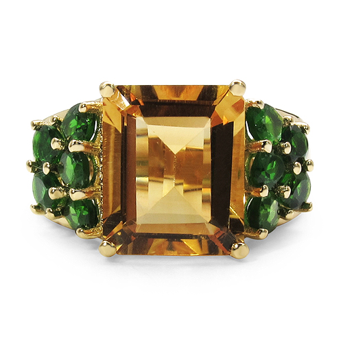 18K Yellow Gold Plated 6.85 Carat Genuine Citrine & Chrome Diopside .925 Sterling Silver Ring