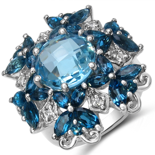 Rings-7.99 Carat Genuine Blue Topaz & White Topaz .925 Sterling Silver Ring