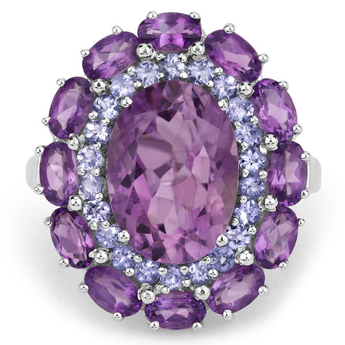 7.83 Carat Genuine Amethyst and Tanzanite .925 Sterling Silver Ring