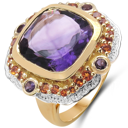 Amethyst-18K Yellow Gold Plated 10.12 Carat Genuine Amethyst & Citrine .925 Sterling Silver Ring