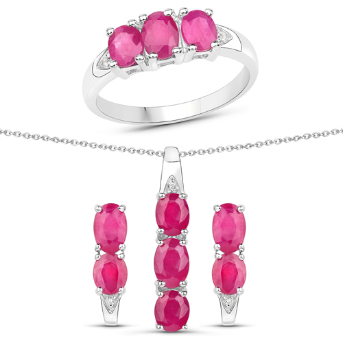 Ruby-3.91 Carat Genuine Ruby and White Topaz .925 Sterling Silver 3 Piece Jewelry Set (Ring, Earrings, and Pendant w/ Chain)