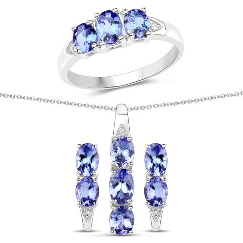 Tanzanite-3.77 Carat Genuine Tanzanite and White Topaz .925 Sterling Silver 3 Piece Jewelry Set (Ring, Earrings, and Pendant w/ Chain)