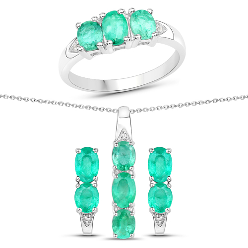 Jewelry Sets-3.59 Carat Genuine Zambian Emerald and White Topaz .925 Sterling Silver 3 Piece Jewelry Set (Ring, Earrings, and Pendant w/ Chain)