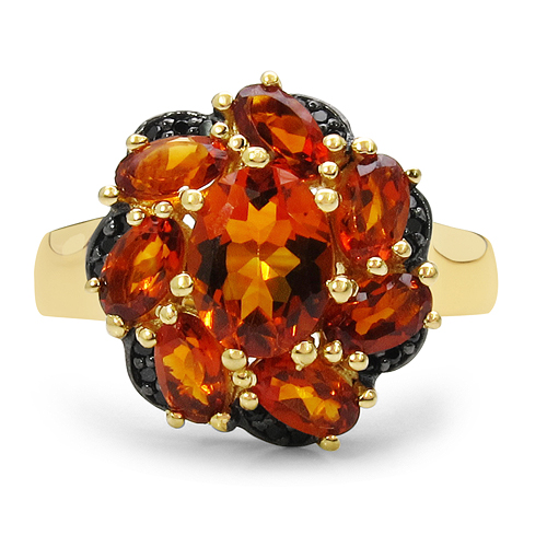 18K Yellow Gold Plated 3.06 Carat Genuine Citrine & Black Spinel .925 Sterling Silver Ring