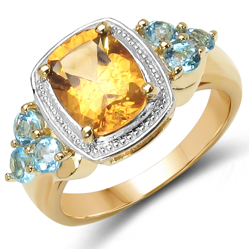 Citrine-18K Yellow Gold Plated 2.37 Carat Genuine Citrine & Blue Topaz .925 Sterling Silver Ring