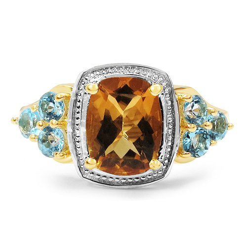 18K Yellow Gold Plated 2.37 Carat Genuine Citrine & Blue Topaz .925 Sterling Silver Ring