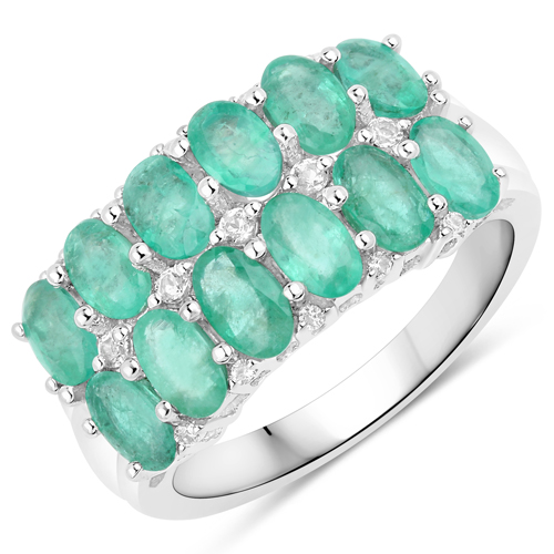 Emerald-2.56 Carat Genuine Emerald and White Topaz .925 Sterling Silver Ring