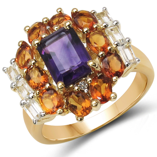Amethyst-18K Yellow Gold Plated 3.99 Carat Genuine Amethyst, Citrine & White Topaz .925 Sterling Silver Ring