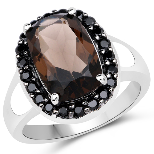 Rings-4.13 Carat Genuine Smoky Quartz and Black Spinel .925 Sterling Silver Ring