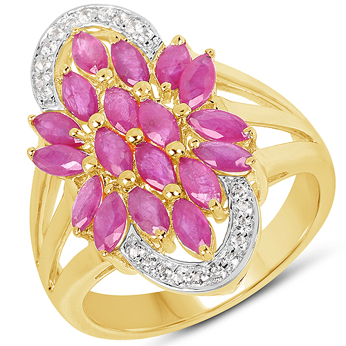 14K Yellow Gold Plated 3.46 Carat Glass Filled Ruby and White Topaz .925 Sterling Silver Ring