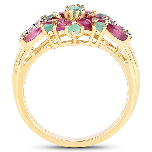 14K Yellow Gold Plated 1.84 Carat Genuine Glass Filled Ruby, Emerald & White Topaz .925 Sterling Silver Ring