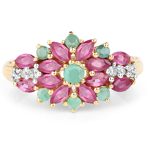 14K Yellow Gold Plated 1.84 Carat Genuine Glass Filled Ruby, Emerald & White Topaz .925 Sterling Silver Ring