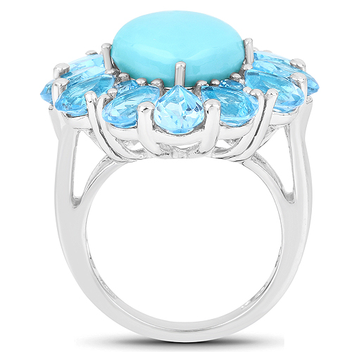 9.50 Carat Genuine Turquoise and Swiss Blue Topaz .925 Sterling Silver Ring