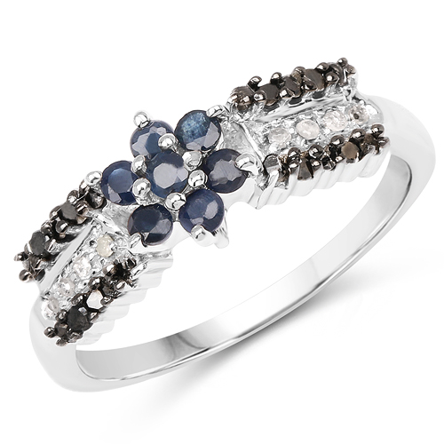 Sapphire-0.51 Carat Genuine Blue Sapphire, Black Diamond & White Diamond .925 Sterling Silver Ring