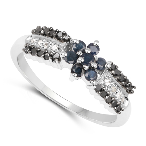 0.51 Carat Genuine Blue Sapphire, Black Diamond & White Diamond .925 Sterling Silver Ring