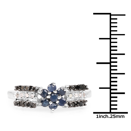 0.51 Carat Genuine Blue Sapphire, Black Diamond & White Diamond .925 Sterling Silver Ring