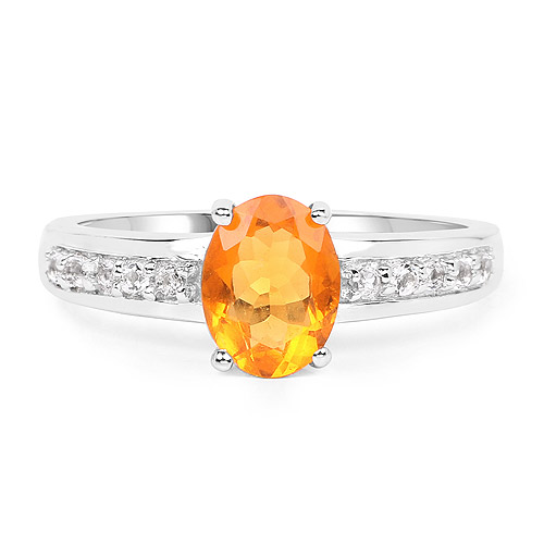 0.80 Carat Genuine Fire Opal and White Topaz .925 Sterling Silver Ring