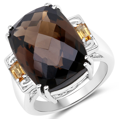 Rings-14.88 Carat Genuine Smoky Quartz and Citrine .925 Sterling Silver Ring