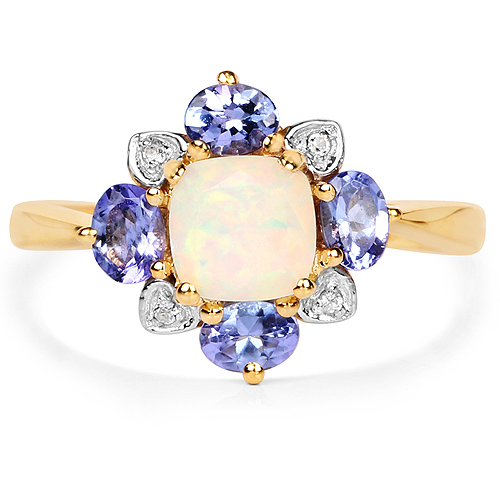 14K Yellow Gold Plated 1.20 Carat Genuine Ethiopian Opal, Tanzanite and White Topaz .925 Sterling Silver Ring