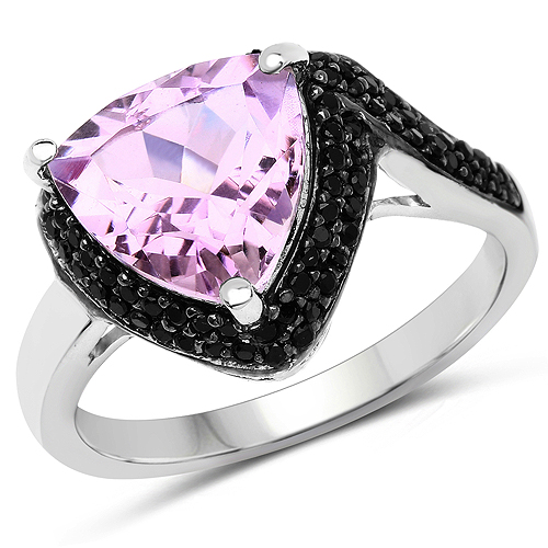 Rings-3.53 Carat Genuine Pink Amethyst and Black Spinel .925 Sterling Silver Ring
