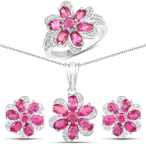 Ruby-7.05 Carat Genuine Ruby and White Topaz .925 Sterling Silver 3 Piece Jewelry Set (Ring, Earrings, and Pendant w/ Chain)