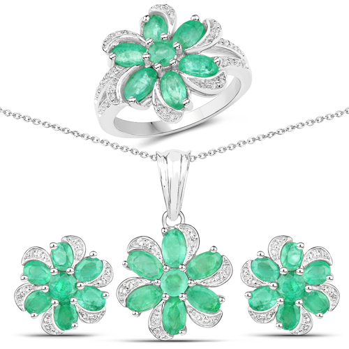 Jewelry Sets-7.88 Carat Genuine Zambian Emerald and White Topaz .925 Sterling Silver 3 Piece Jewelry Set (Ring, Earrings, and Pendant w/ Chain)