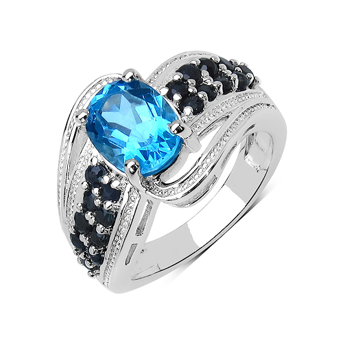 Rings-2.72 Carat Genuine Swiss Blue Topaz and Blue Sapphire .925 Sterling Silver Ring