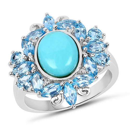 Rings-4.98 Carat Genuine Turquoise, Swiss Blue Topaz and White Topaz .925 Sterling Silver Ring