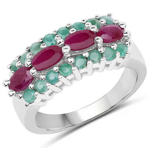 Ruby-1.56 Carat Genuine Ruby and Emerald .925 Sterling Silver Ring